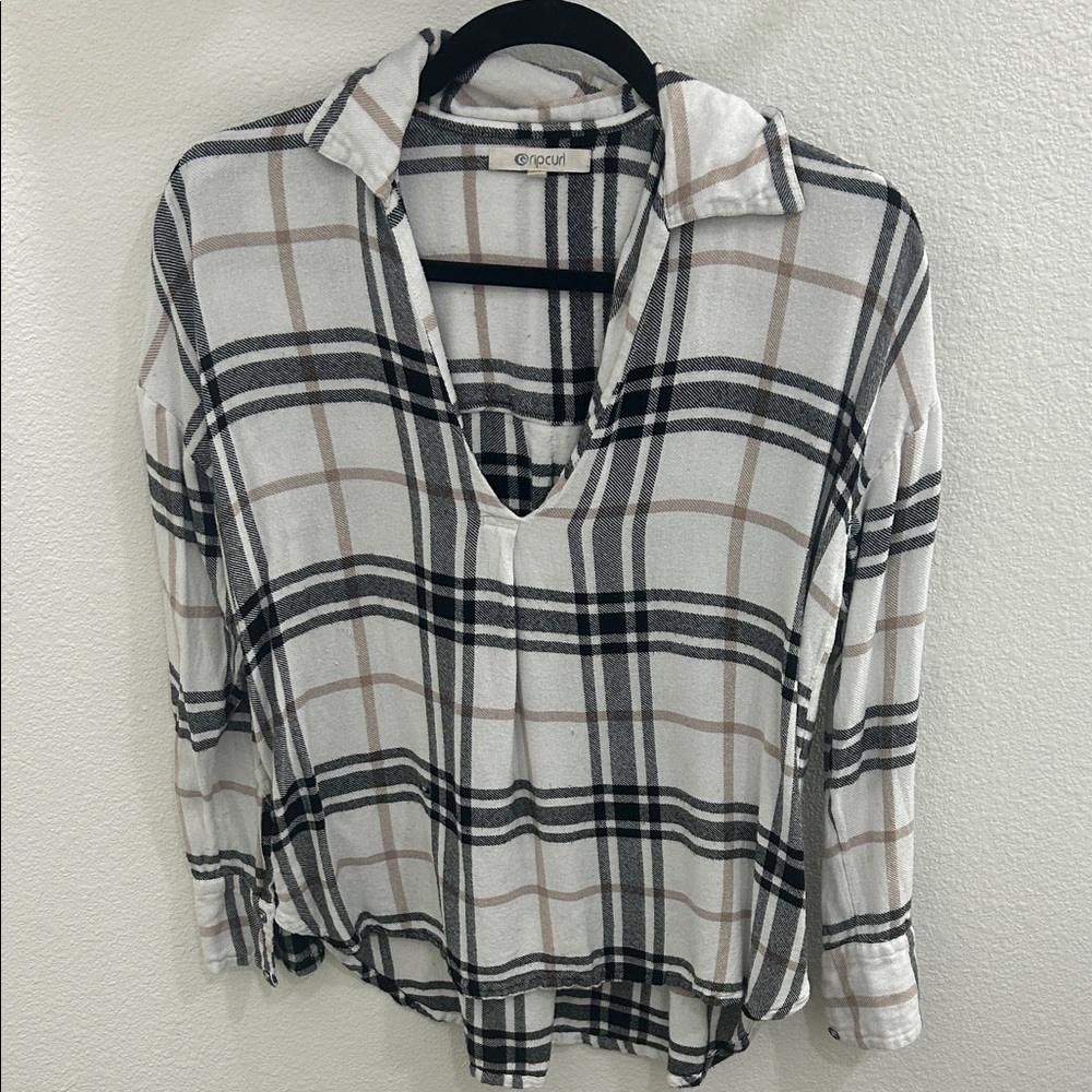 Rip Curl Plaid Button Down Shirt - Black, White, and Tan
